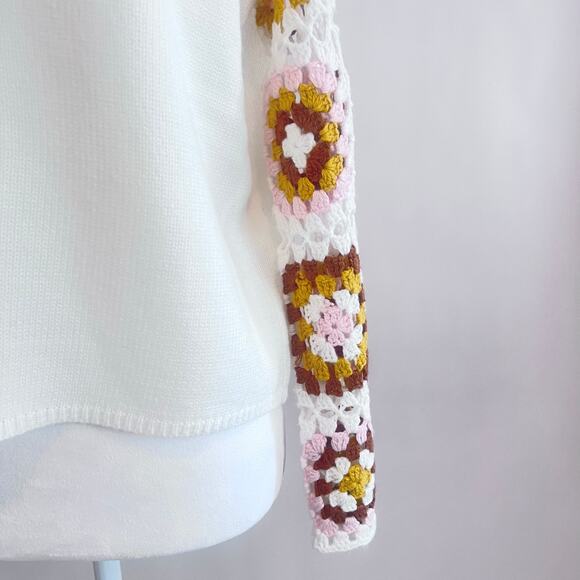 PINK LILY V-NECK RANDOM MIXED COLOR CROCHET SQUARE PATTERN BELL SLEEVE SWEATER - Picture 5 of 12